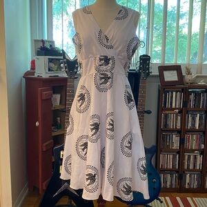 Handmade One-of-a-Kind Black and White Swallows Print Pinup Dress. Fits like M.
